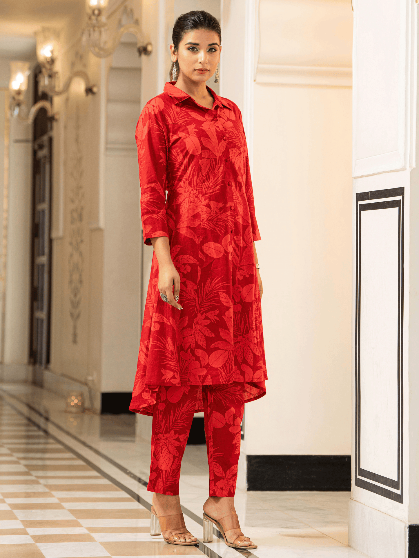 Soft Cotton Foliage High Low Red Kurta