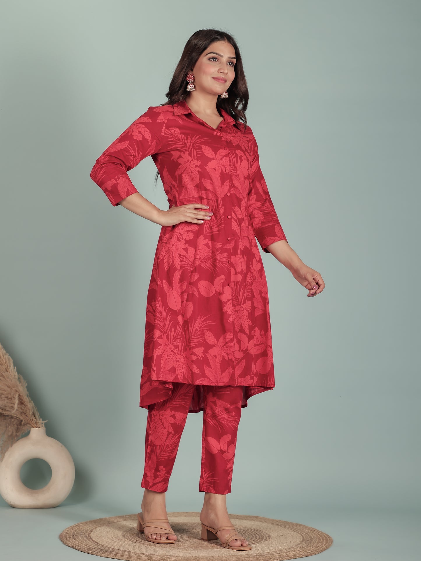 Soft Cotton Foliage High Low Red Kurta