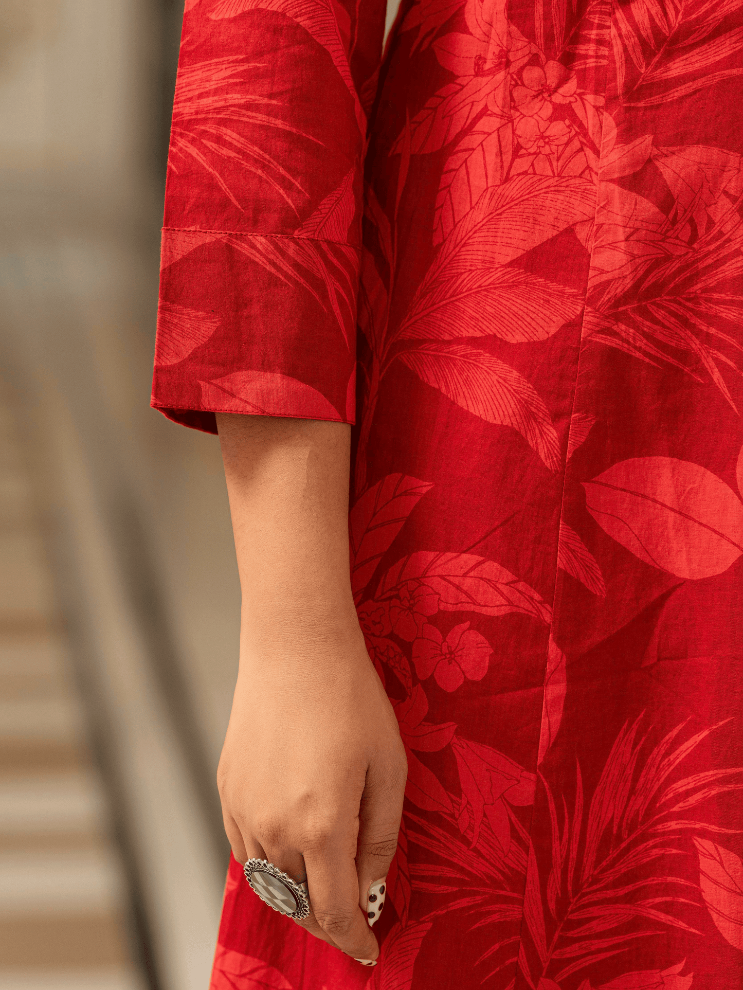 Soft Cotton Foliage High Low Red Kurta
