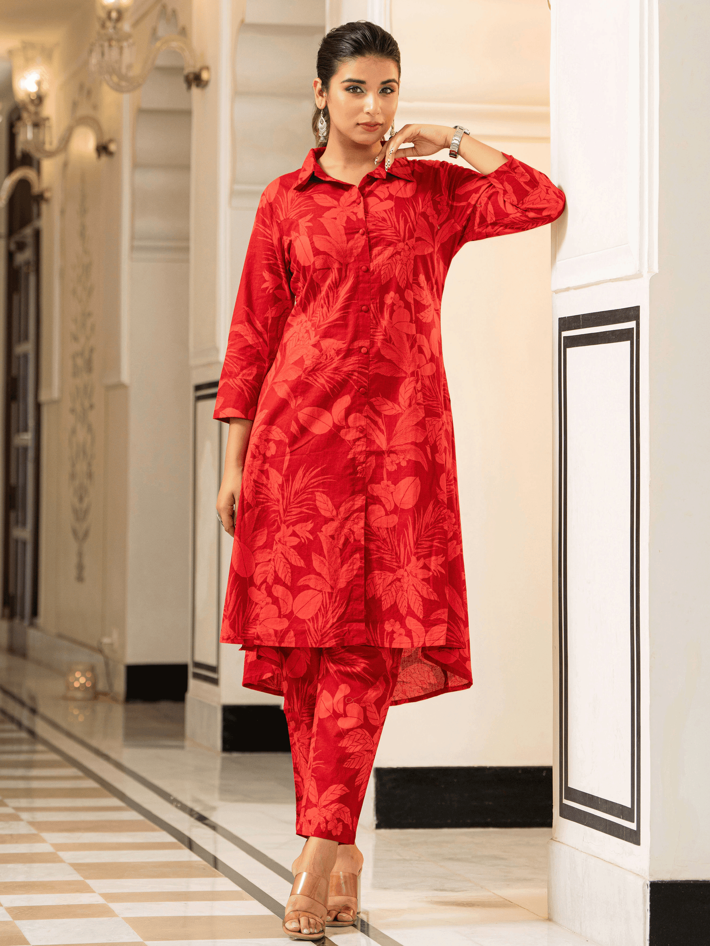 Soft Cotton Foliage High Low Red Kurta