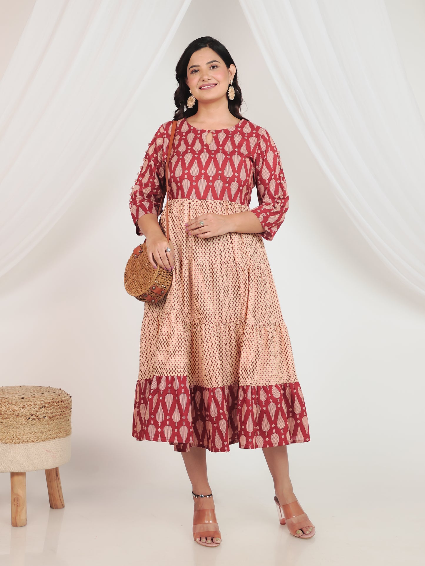 Embroidered Soft Cotton Geometric Anarkali Rust Kurta