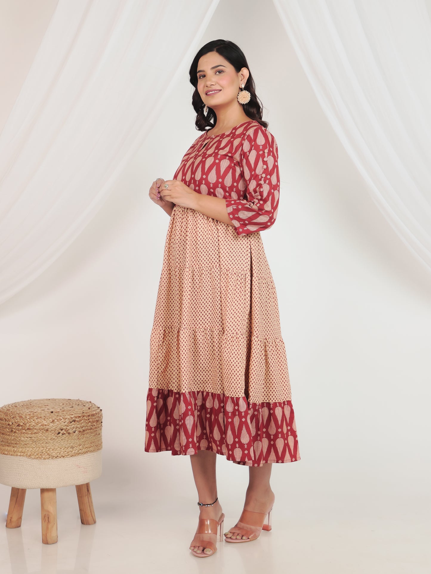 Embroidered Soft Cotton Geometric Anarkali Rust Kurta