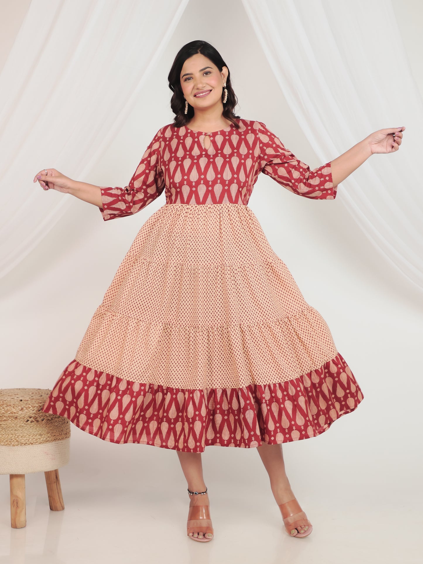 Embroidered Soft Cotton Geometric Anarkali Rust Kurta