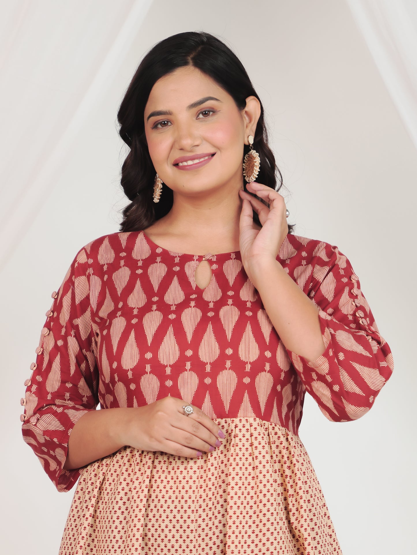 Embroidered Soft Cotton Geometric Anarkali Rust Kurta