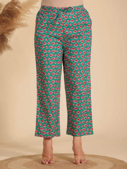 Soft Cotton Floral Green Straight Trousers