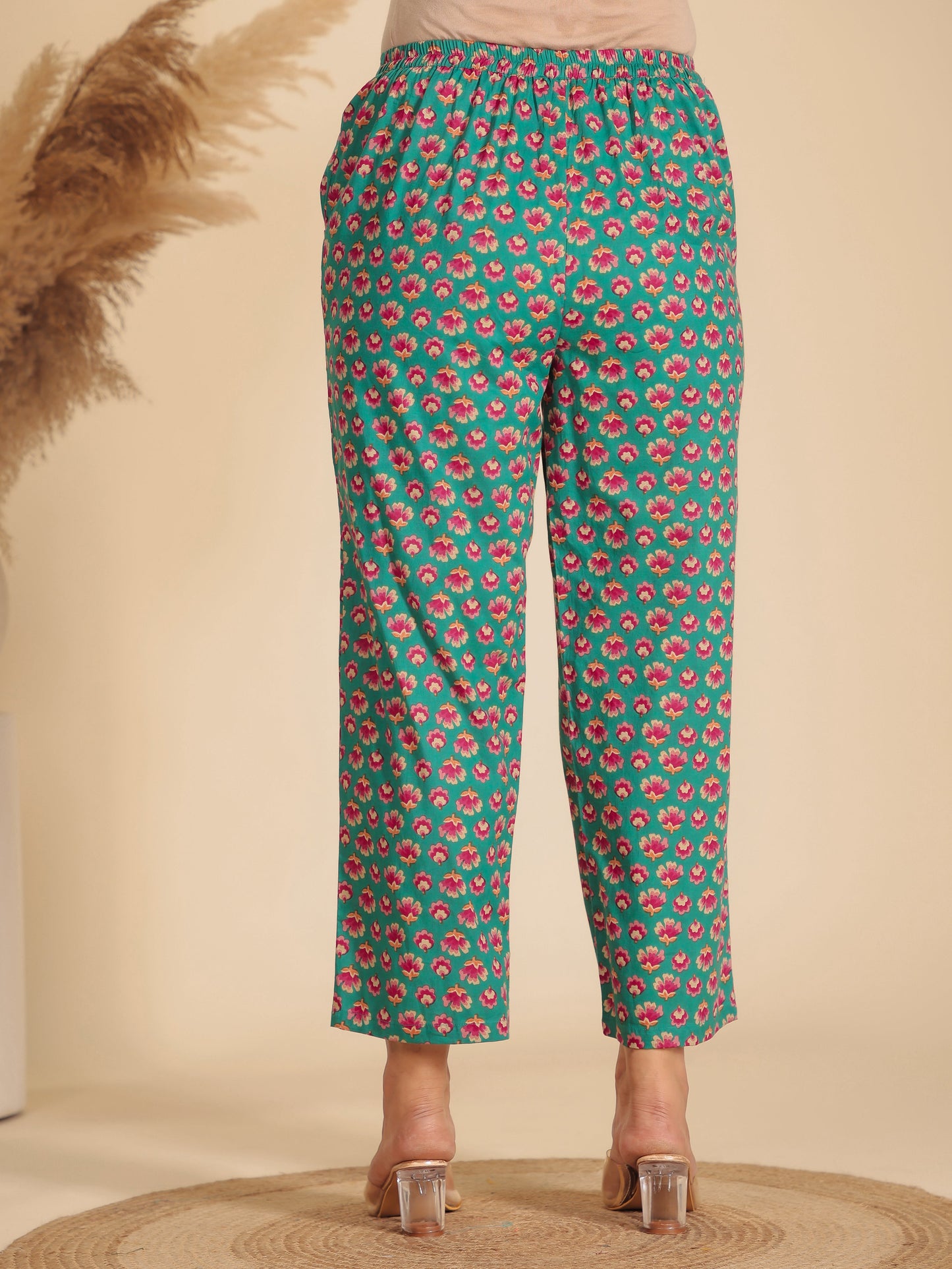 Soft Cotton Floral Green Straight Trousers