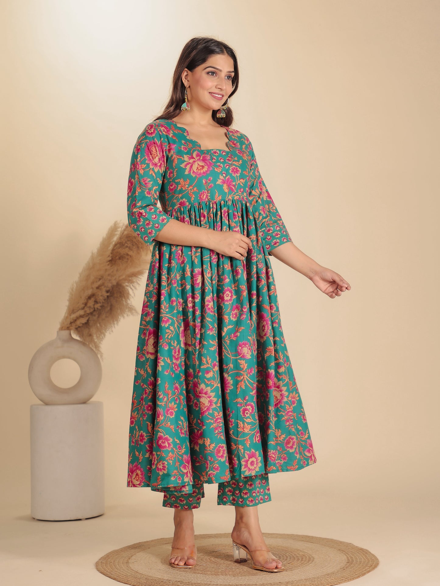 Soft Cotton Floral Flared Green Kurta