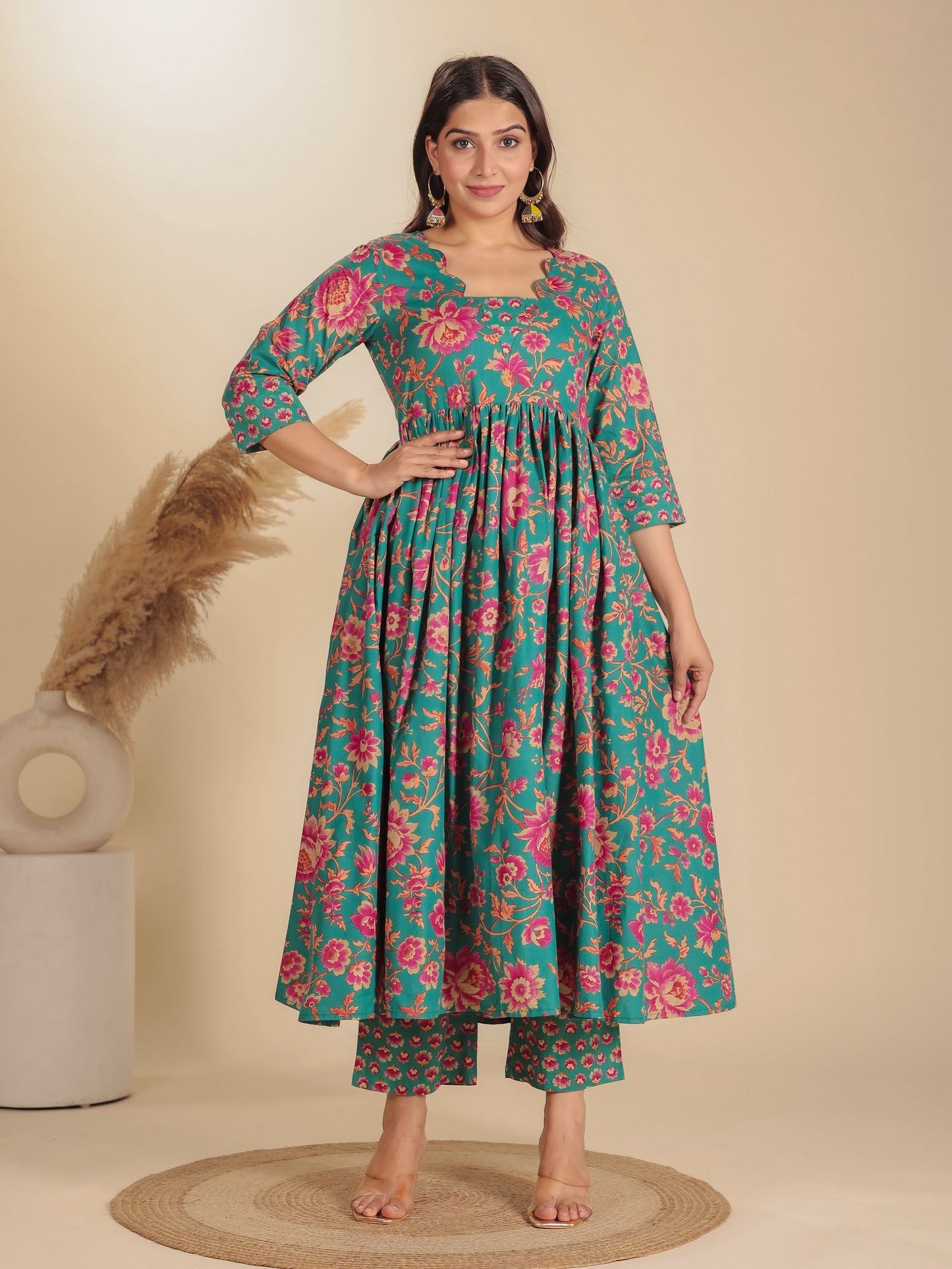 Soft Cotton Floral Flared Green Kurta