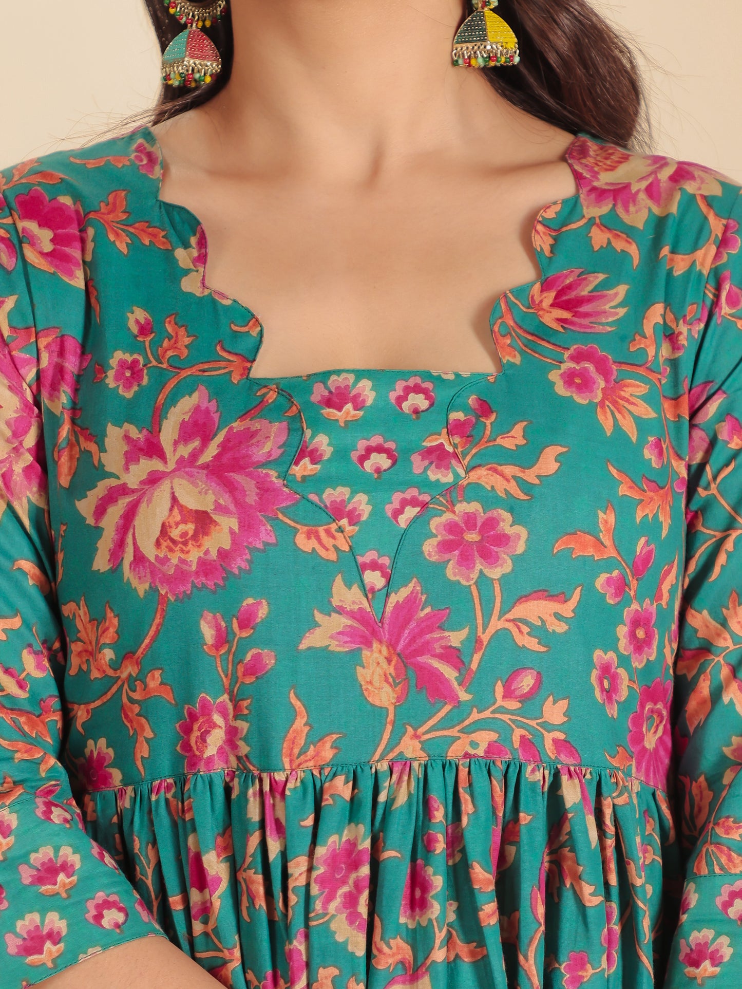 Soft Cotton Floral Flared Green Kurta
