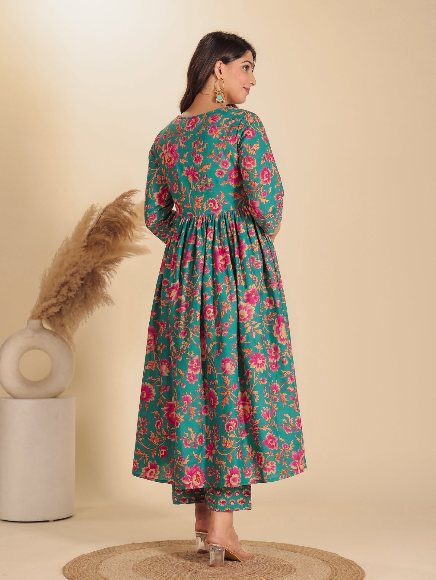 Soft Cotton Floral Flared Green Kurta