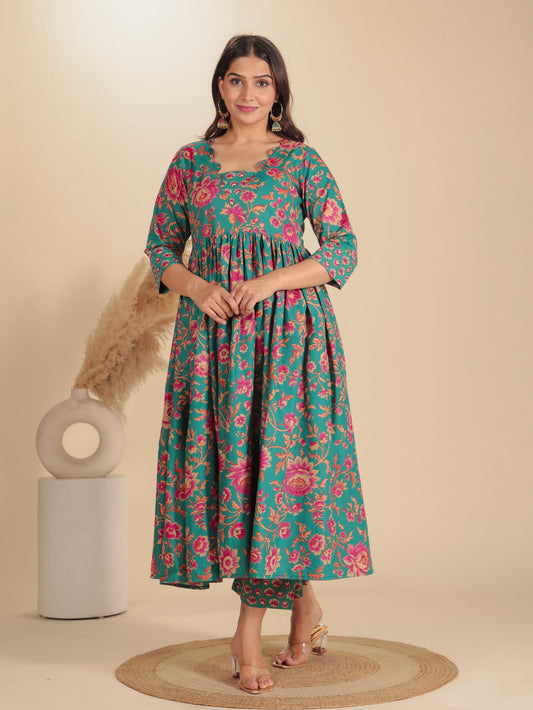 Soft Cotton Floral Flared Green Kurta