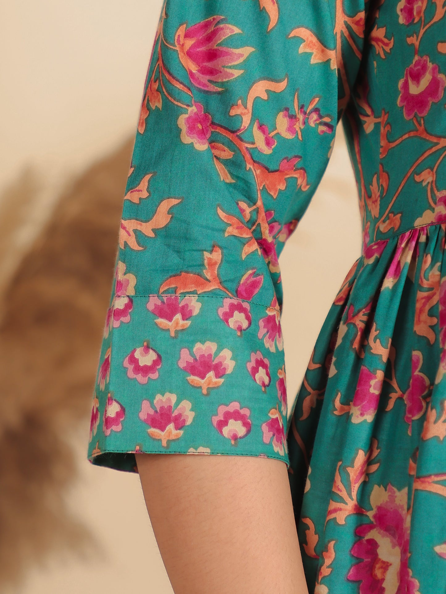 Soft Cotton Floral Flared Green Kurta