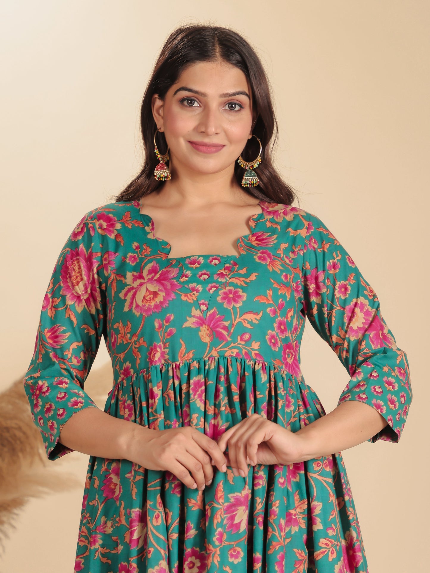 Soft Cotton Floral Flared Green Kurta
