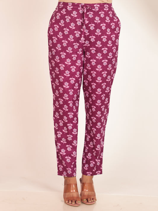 Soft Cotton Floral Purple Tapered Trousers