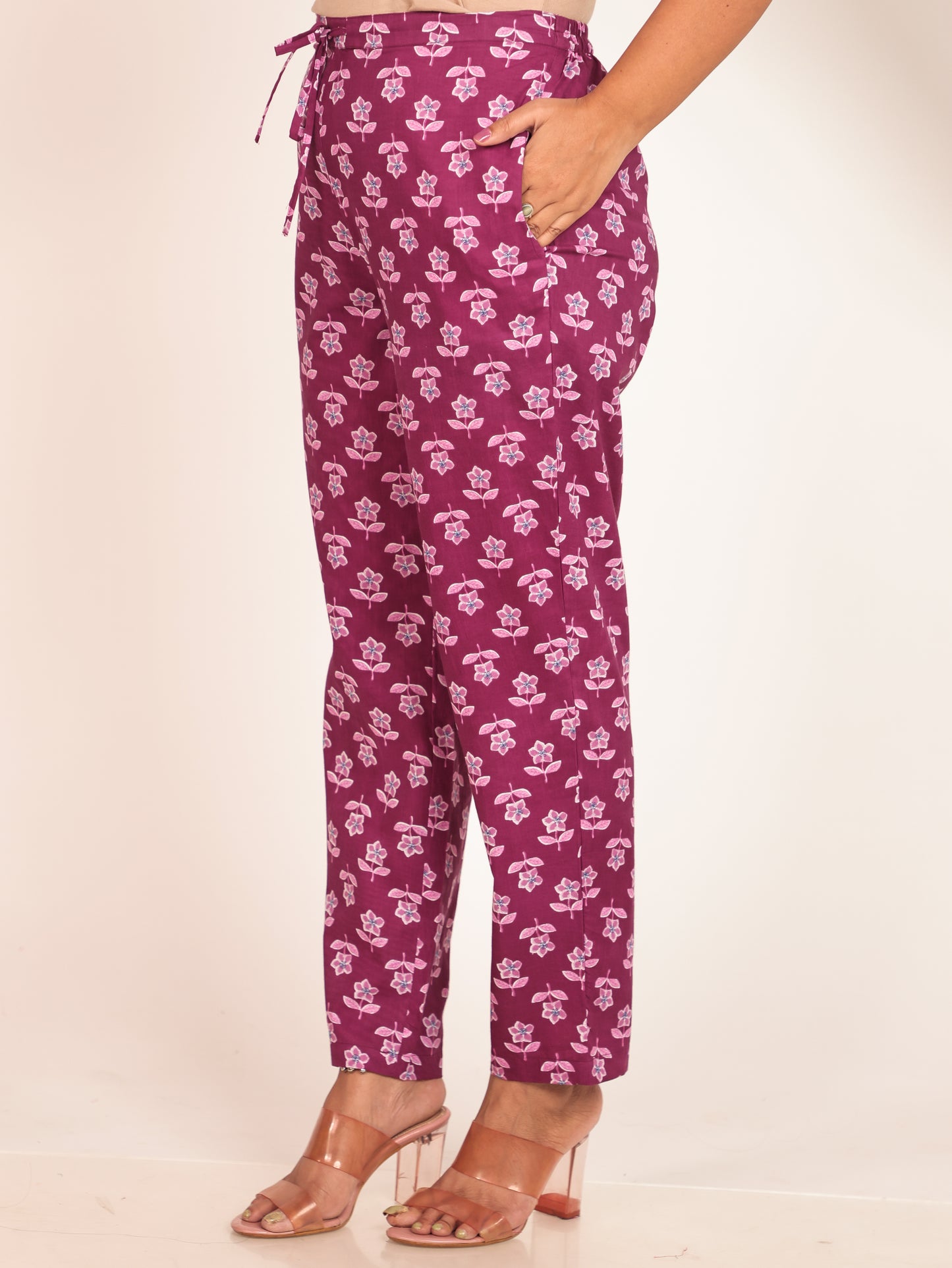 Soft Cotton Floral Purple Tapered Trousers