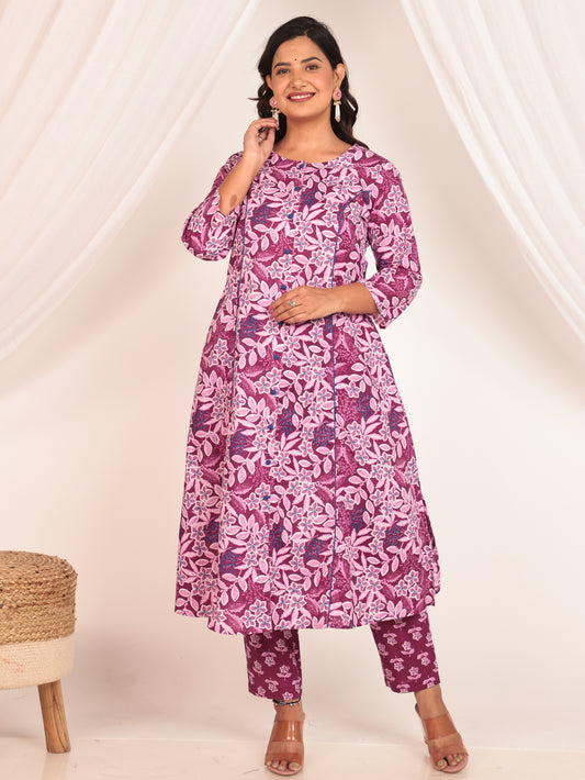 Soft Cotton Floral A-line Purple Kurta