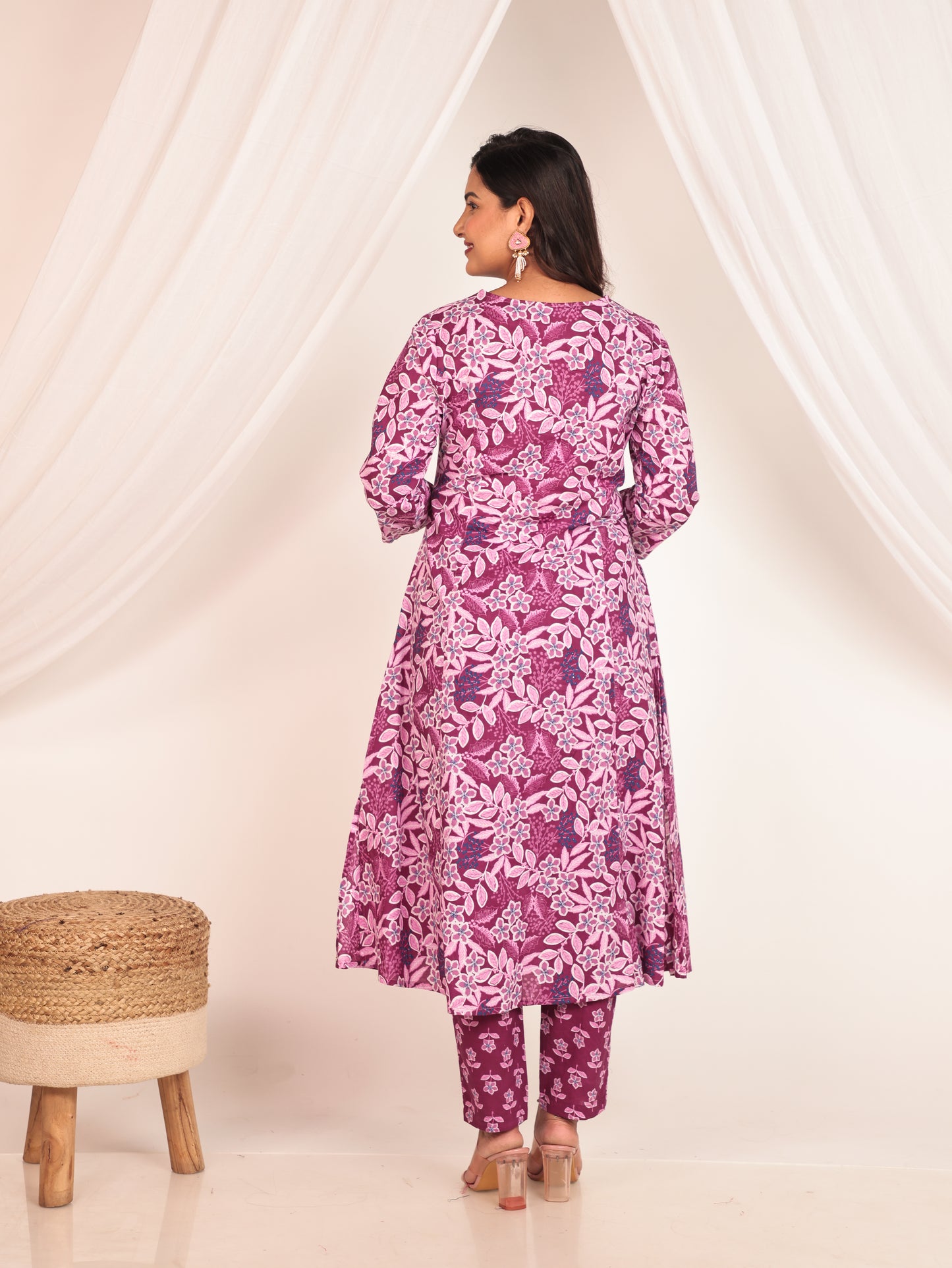 Soft Cotton Floral A-line Purple Kurta