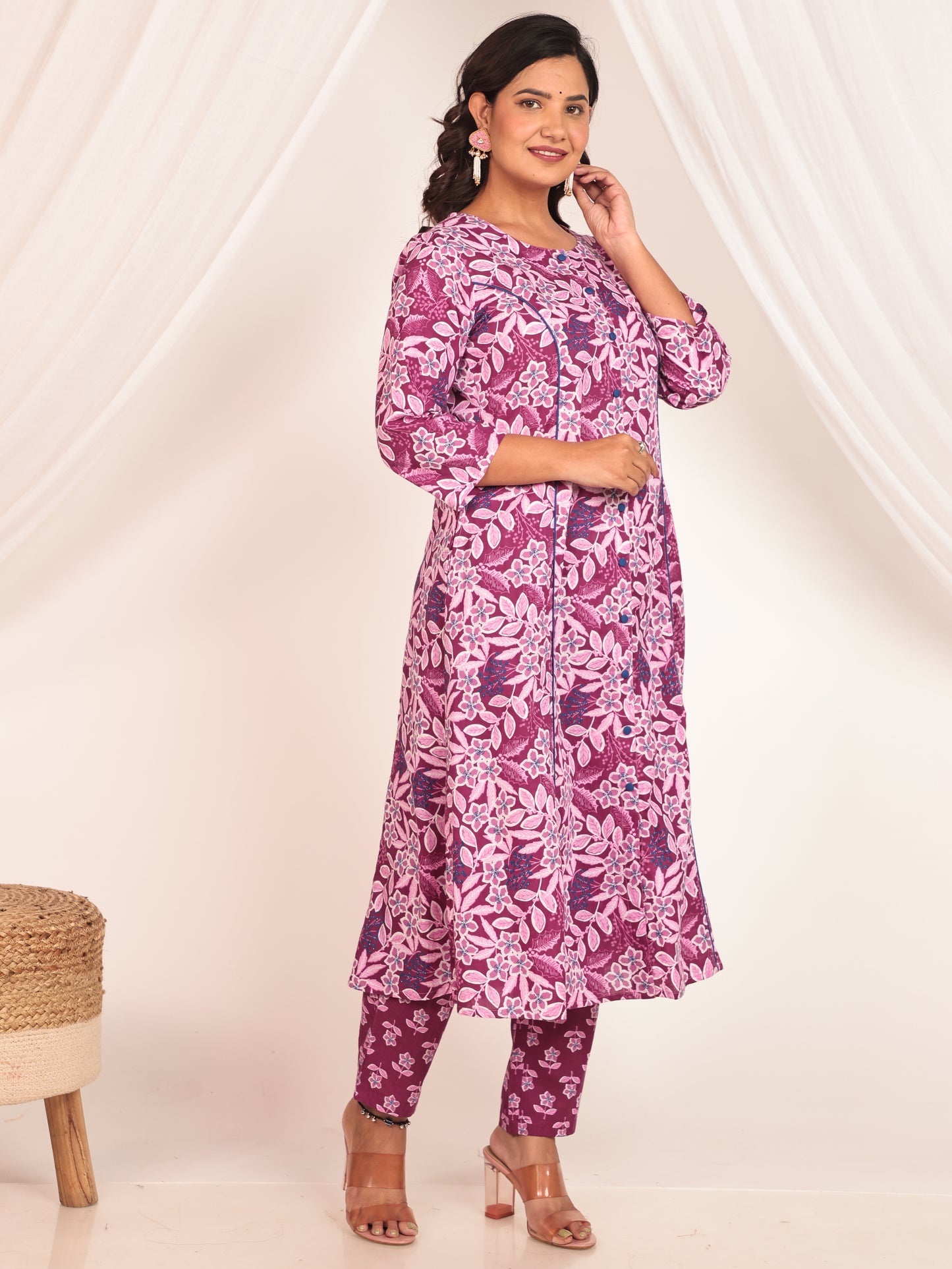 Soft Cotton Floral A-line Purple Kurta