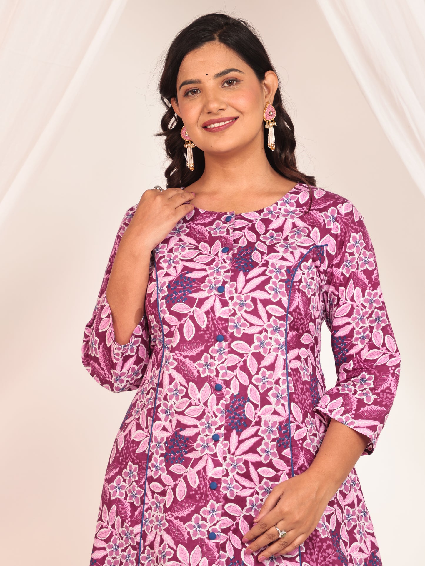 Soft Cotton Floral A-line Purple Kurta