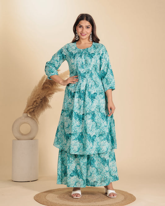 Soft Cotton Floral A-line Blue Kurta
