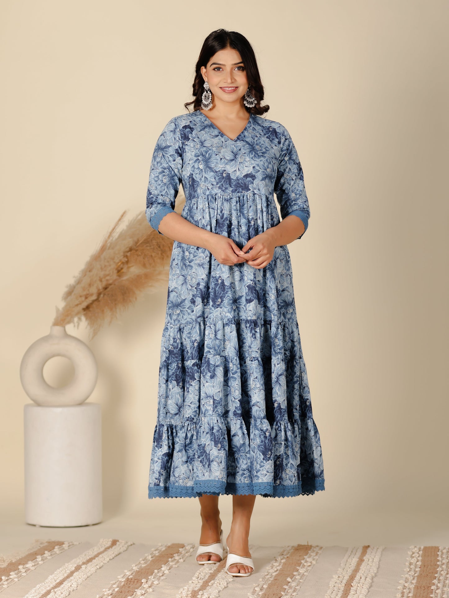 Soft Cotton Floral Flared Blue Dress