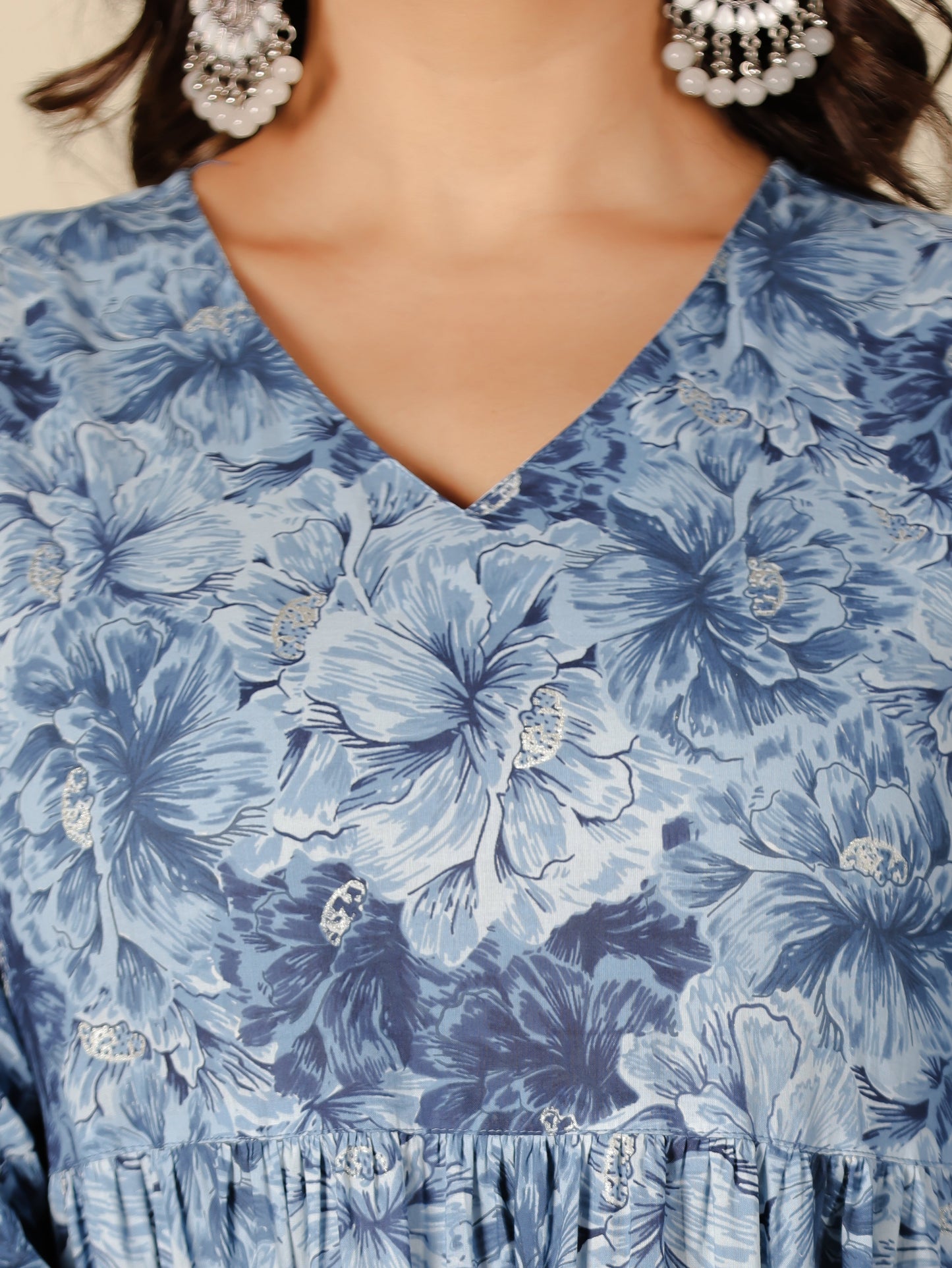 Soft Cotton Floral Flared Blue Dress