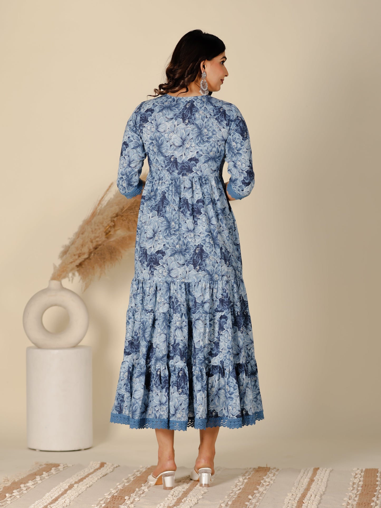 Soft Cotton Floral Flared Blue Dress