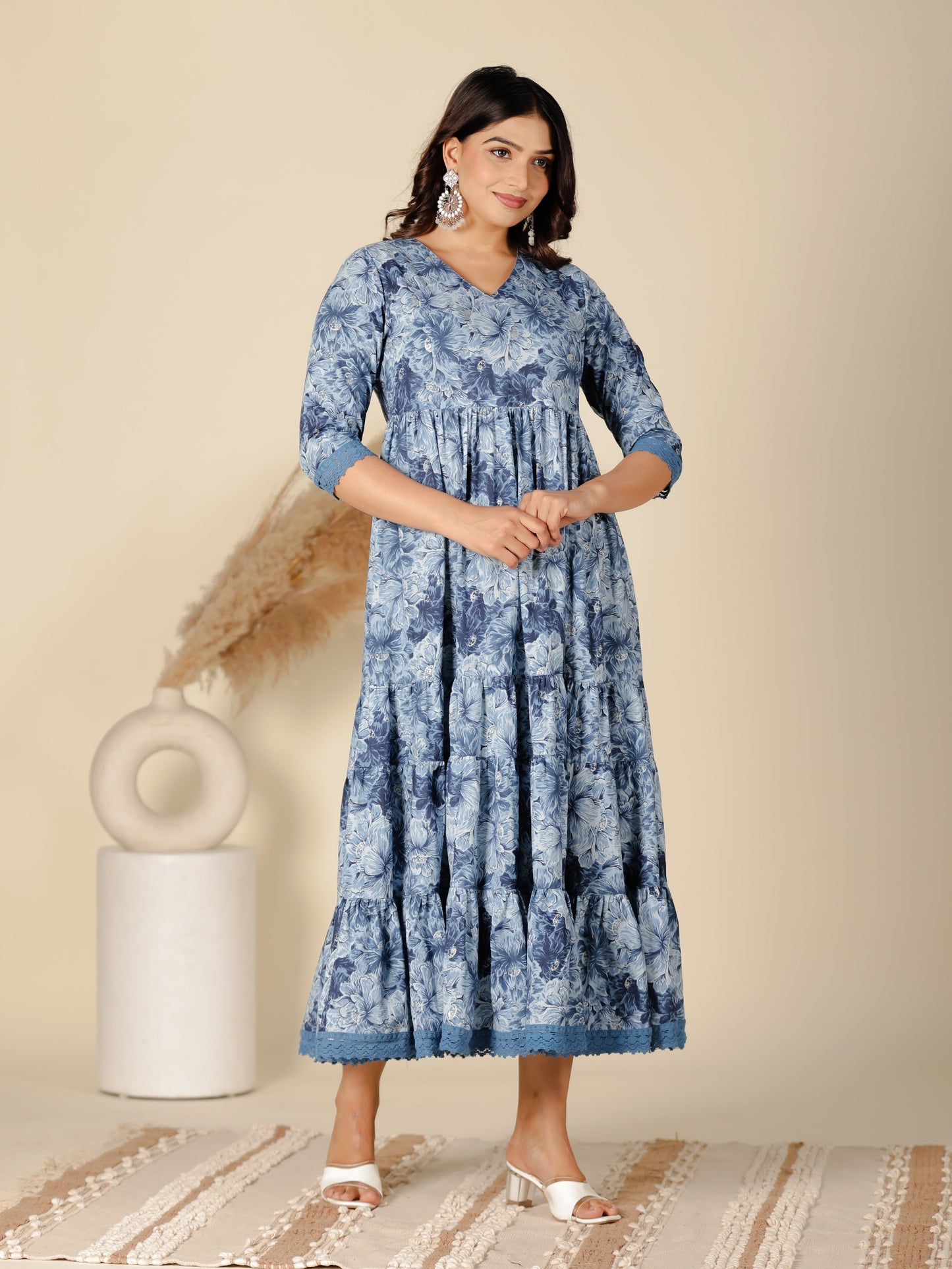 Soft Cotton Floral Flared Blue Dress