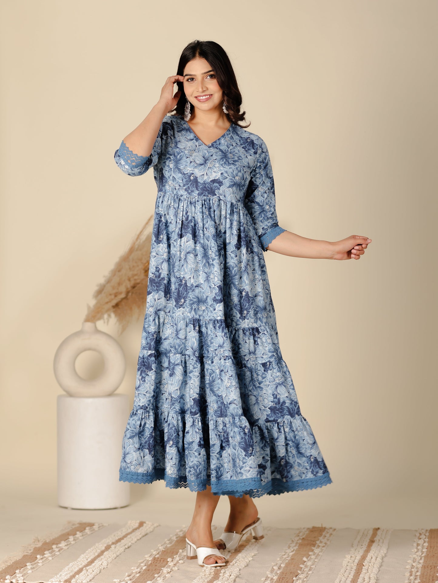 Soft Cotton Floral Flared Blue Dress