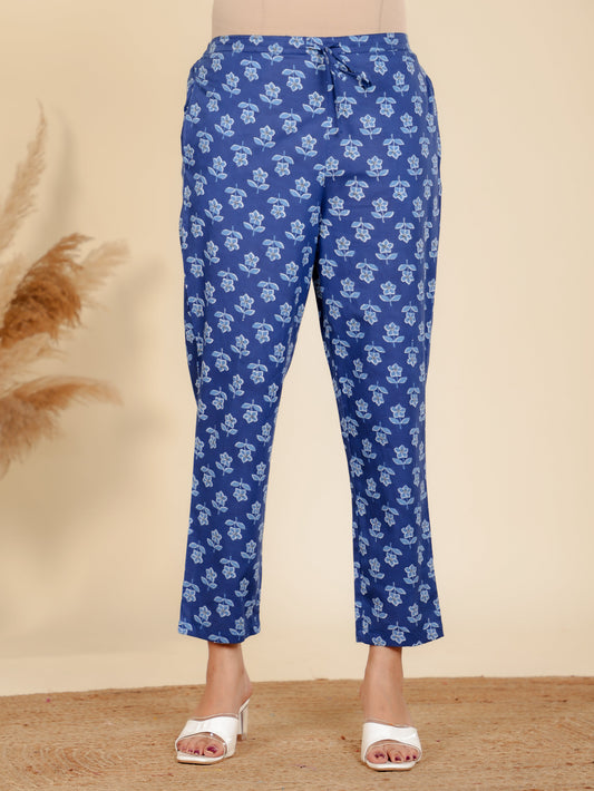 Soft Cotton Floral Blue Tapered Trousers