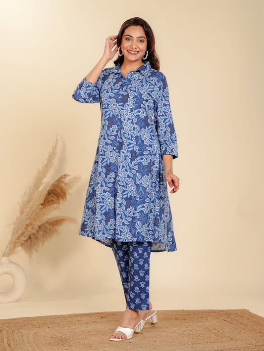 Soft Cotton Floral High Low Blue Kurta