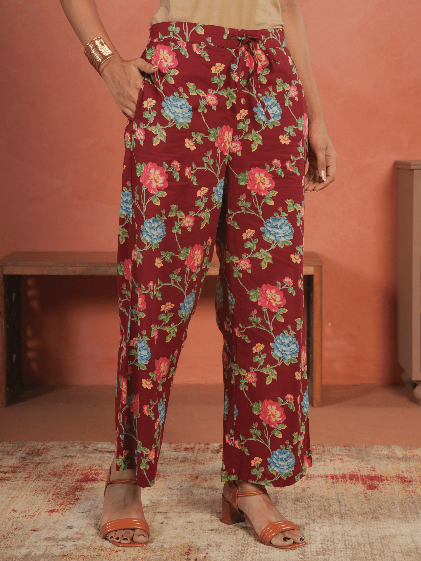 Soft Cotton Floral Maroon Trousers