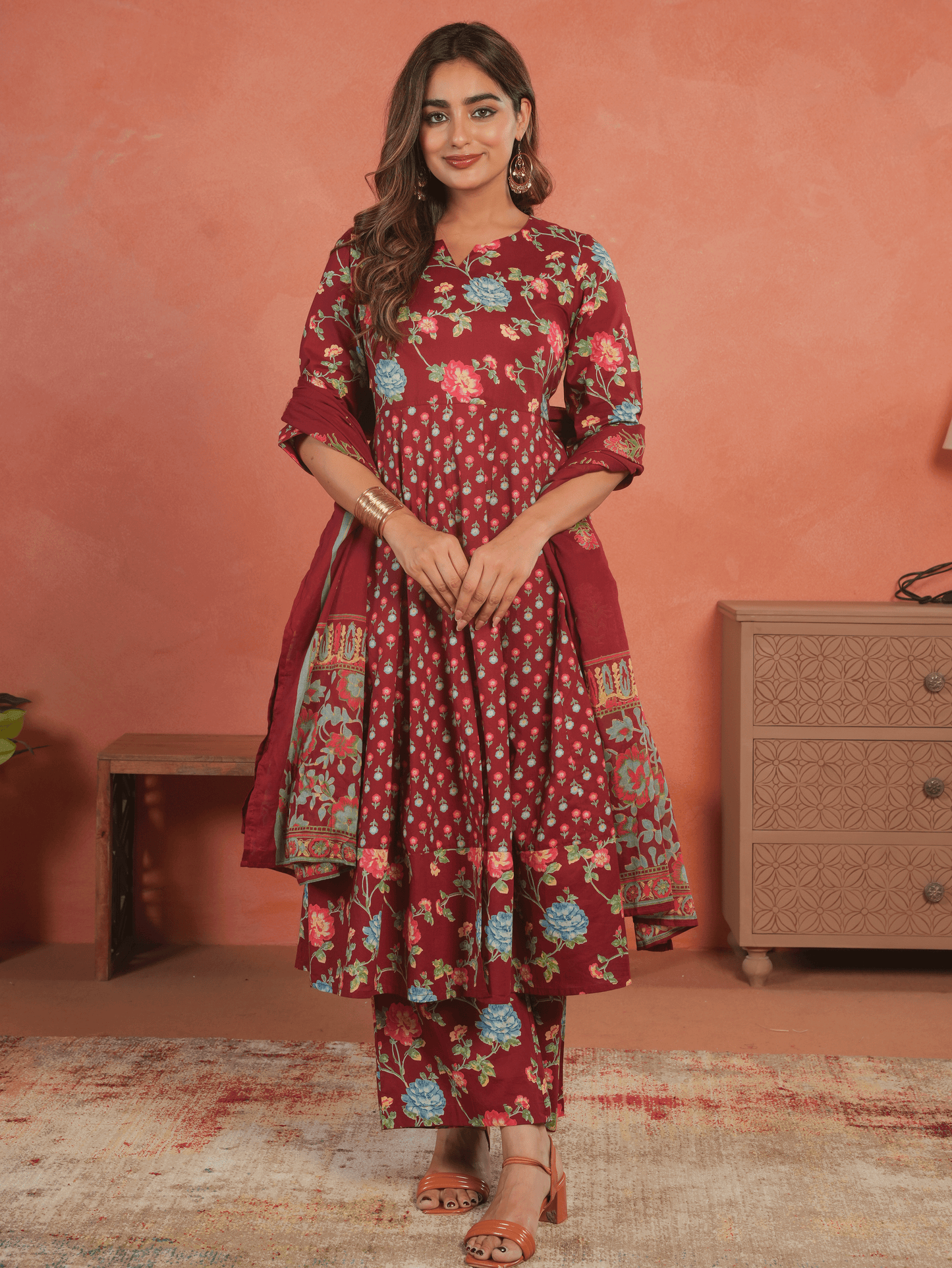 Cotton Voile Floral Red Dupatta