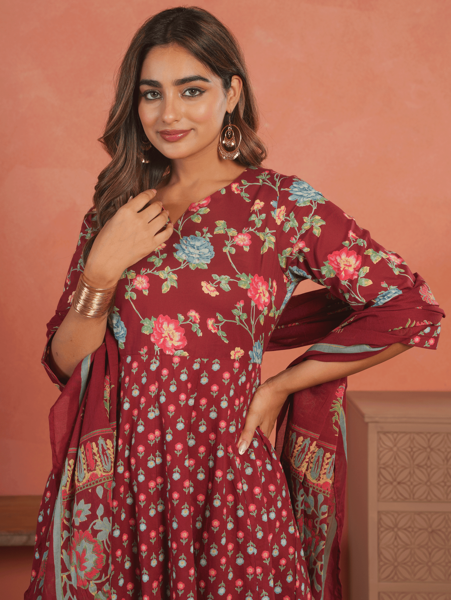 Soft Cotton Floral Anarkali Maroon Kurta