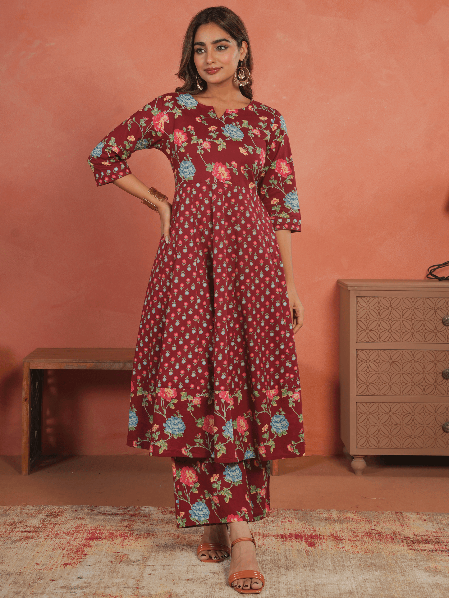 Soft Cotton Floral Anarkali Maroon Kurta