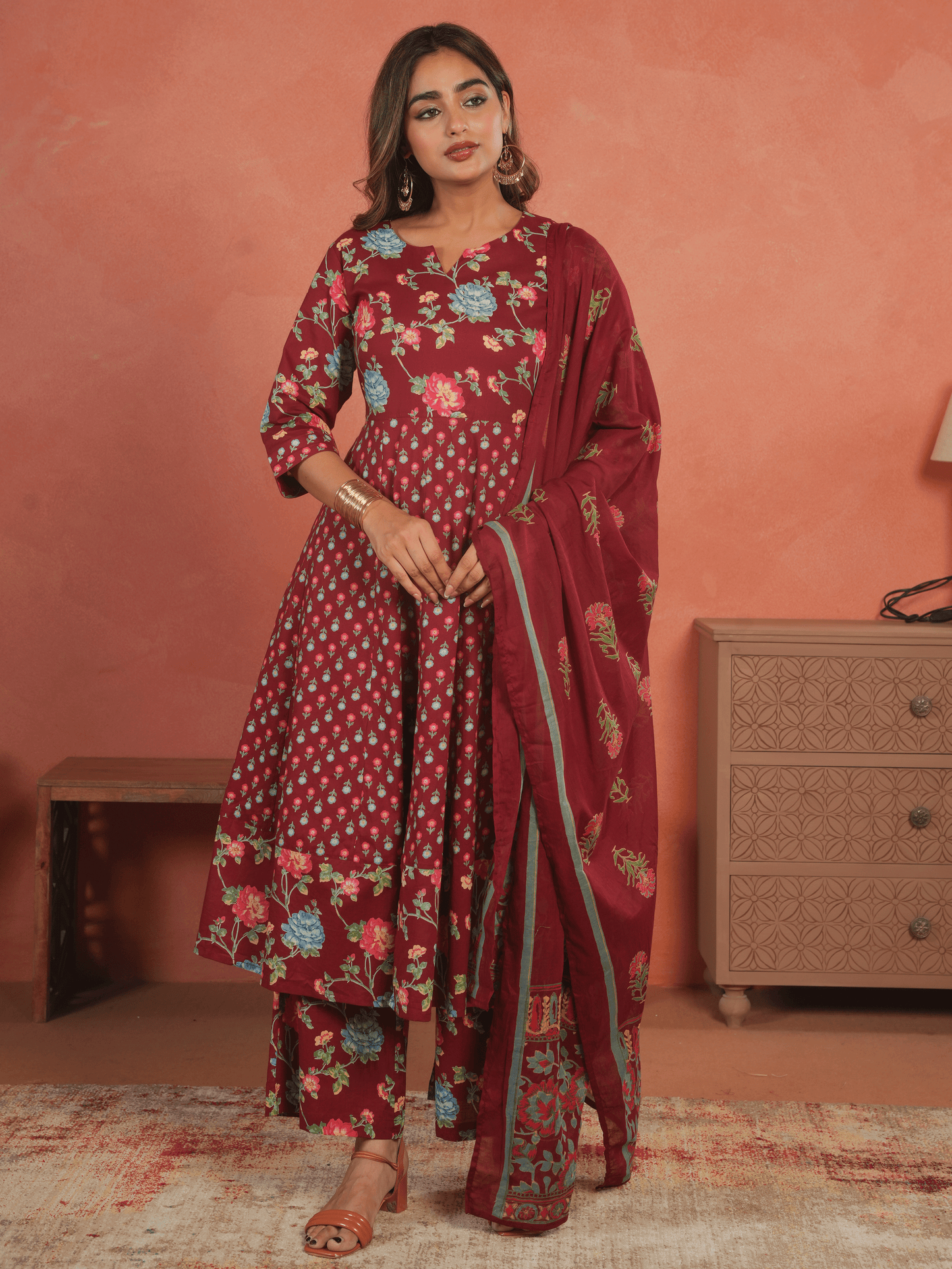 Soft Cotton Floral Anarkali Maroon Kurta