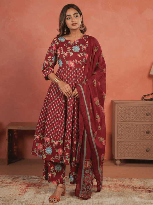 Soft Cotton Floral Anarkali Maroon Kurta