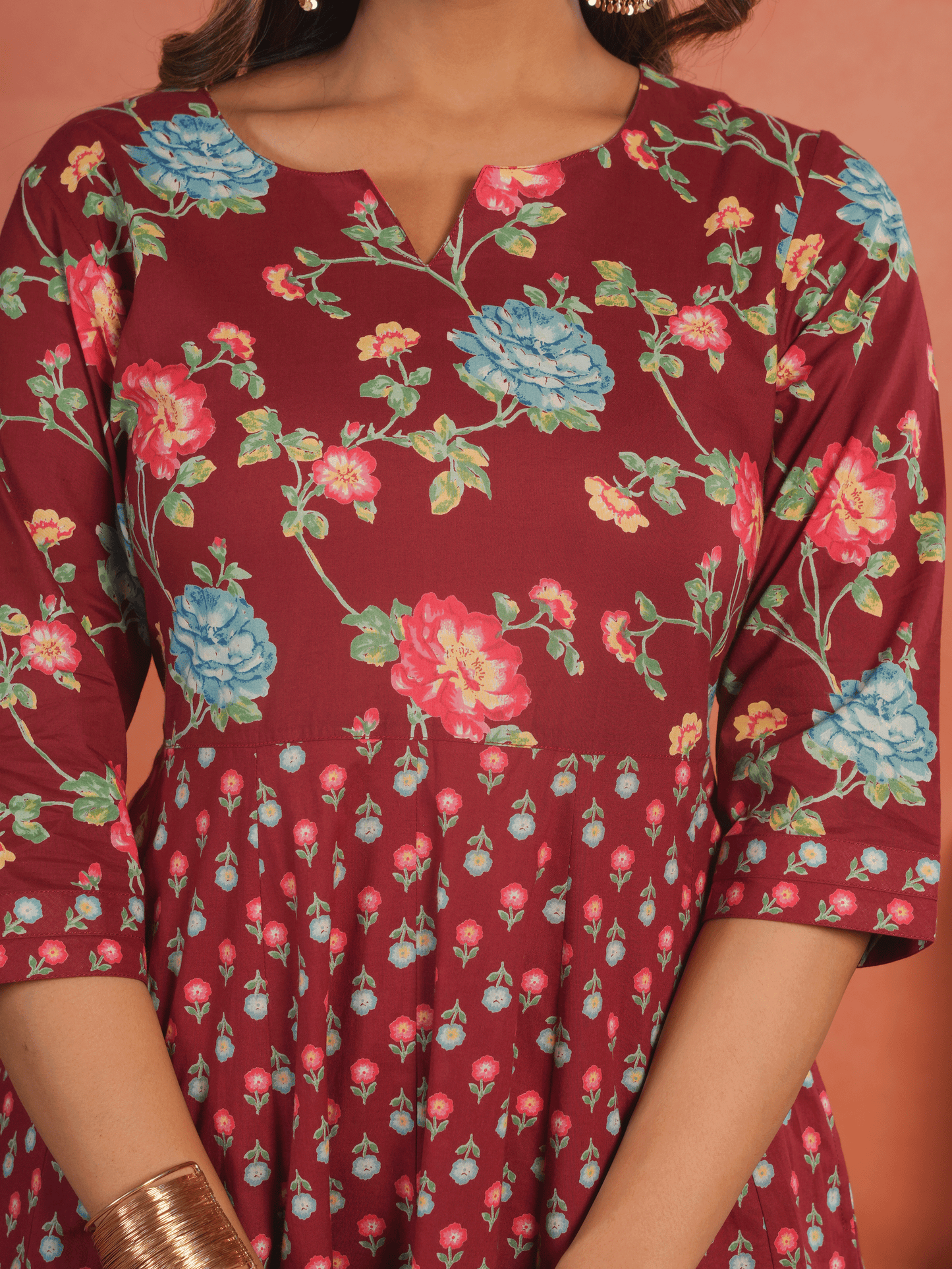 Soft Cotton Floral Anarkali Maroon Kurta