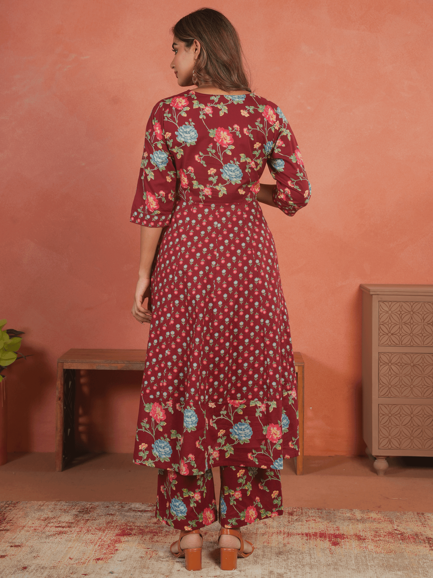 Soft Cotton Floral Anarkali Maroon Kurta