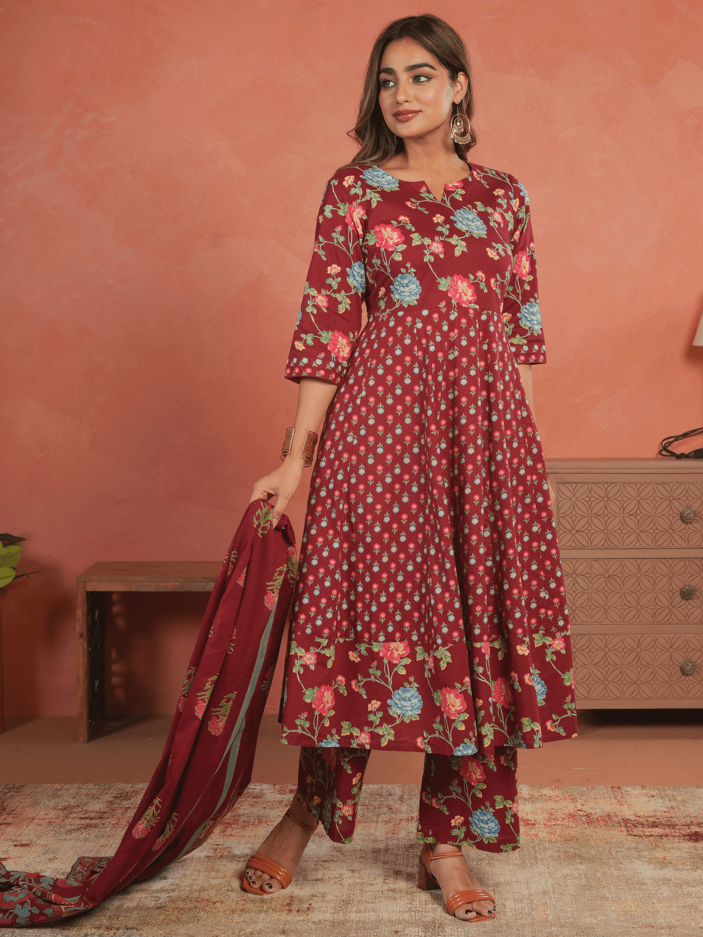 Soft Cotton Floral Anarkali Maroon Kurta