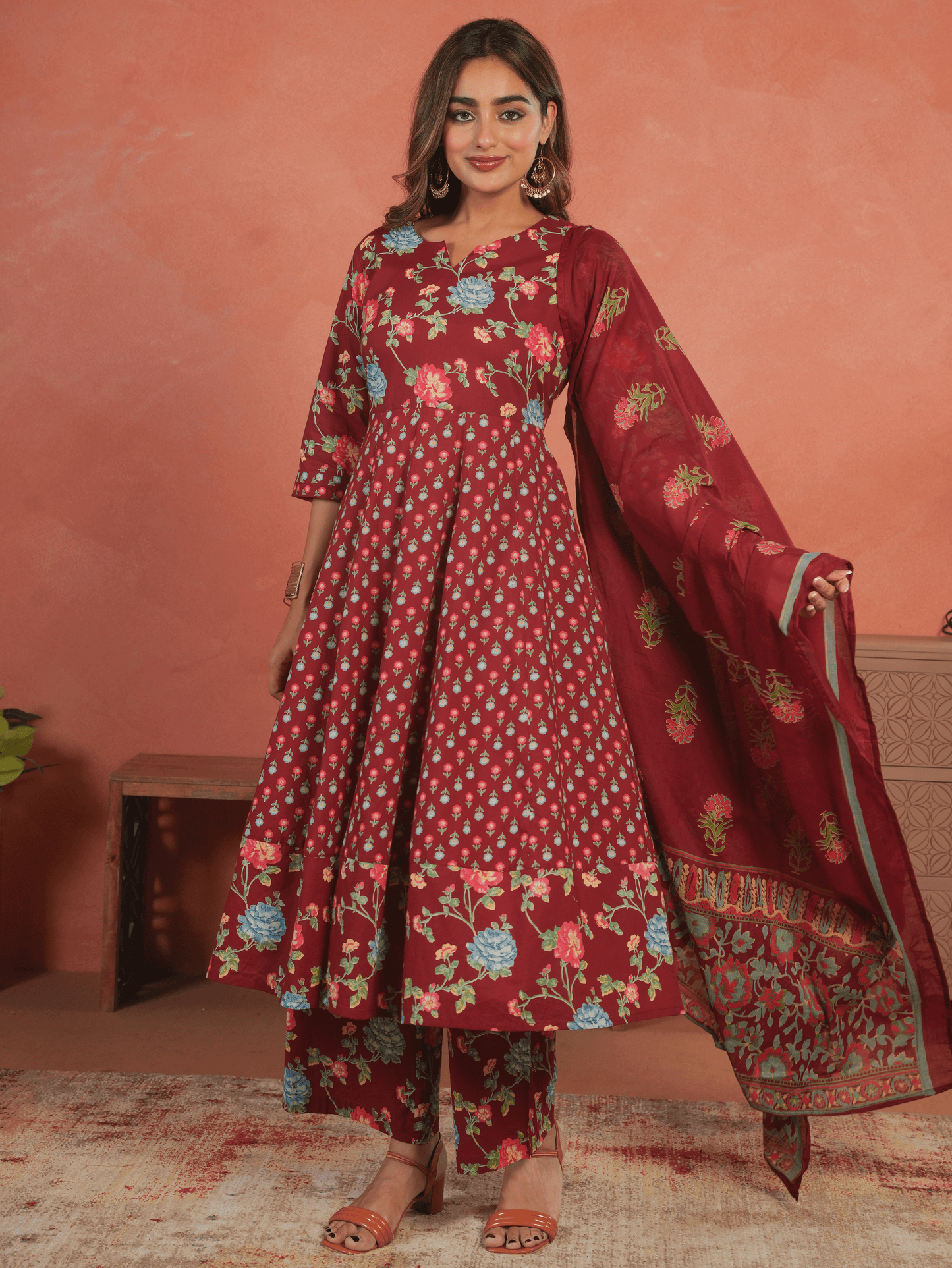Cotton Voile Floral Red Dupatta