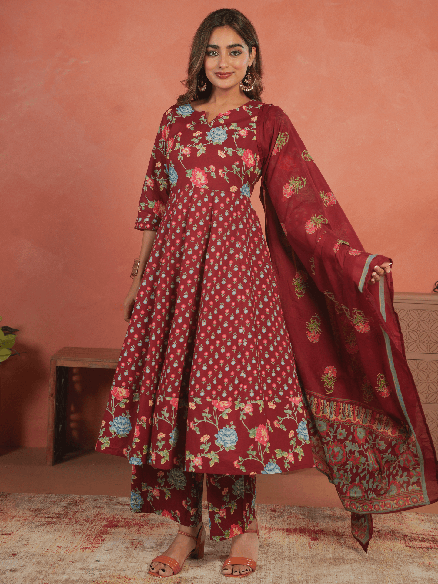 Soft Cotton Floral Anarkali Maroon Kurta