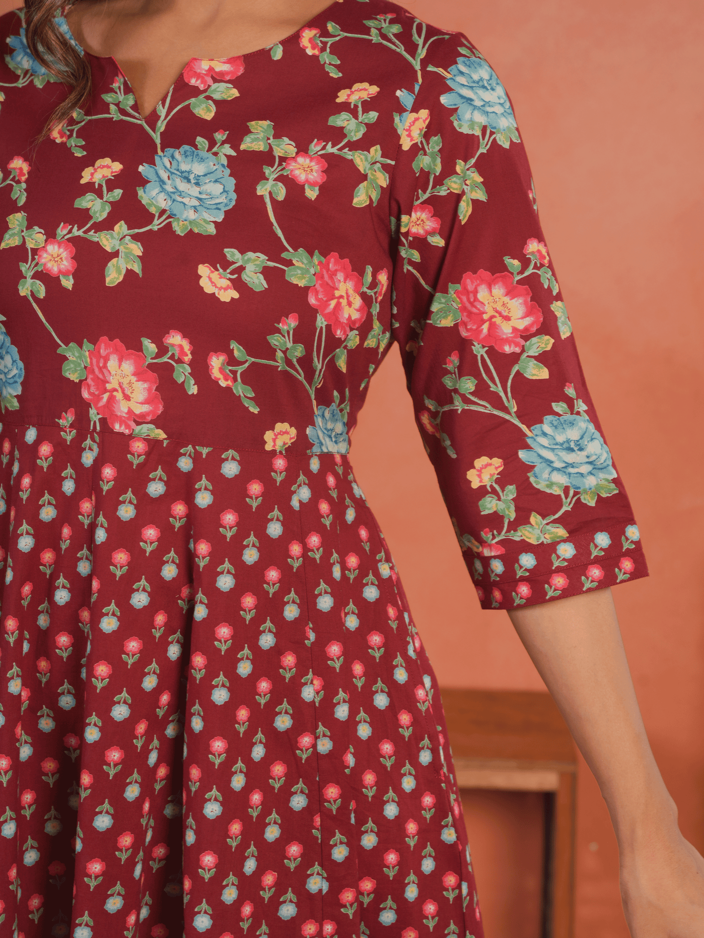 Soft Cotton Floral Anarkali Maroon Kurta