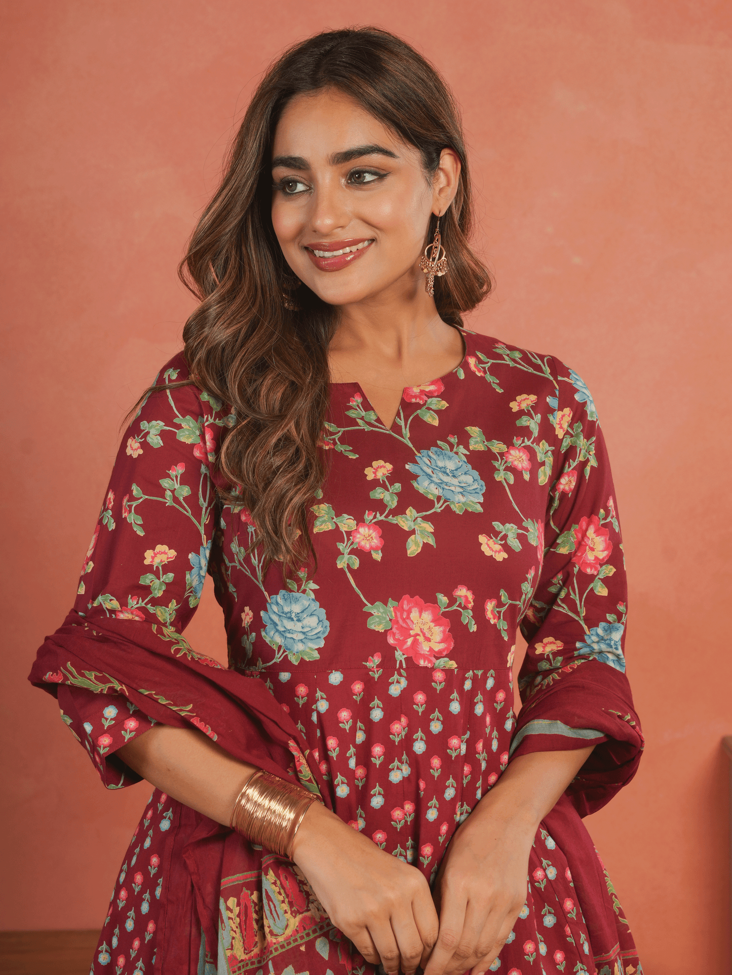 Soft Cotton Floral Anarkali Maroon Kurta