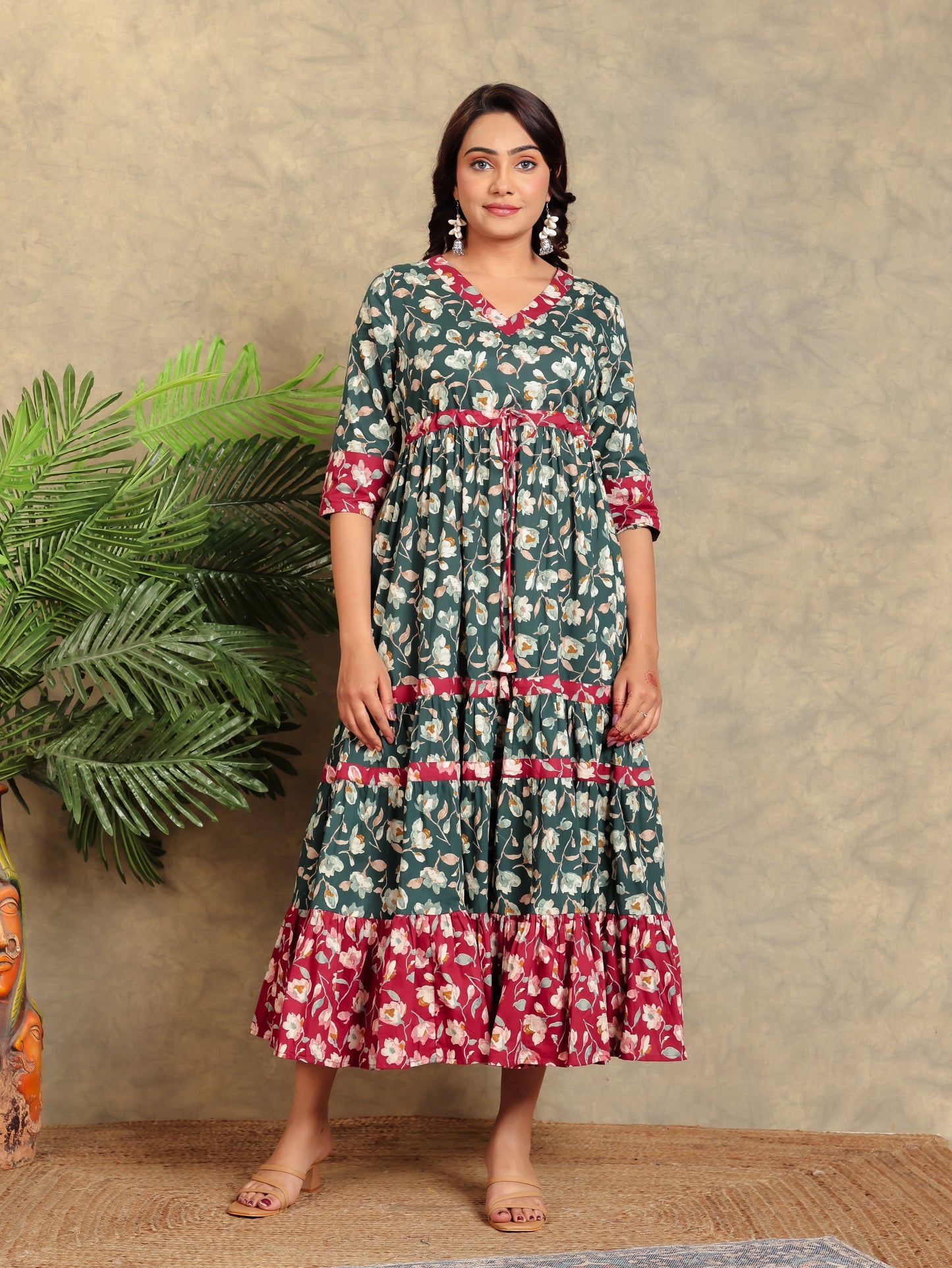 Soft Cotton Floral Flared Green Dress