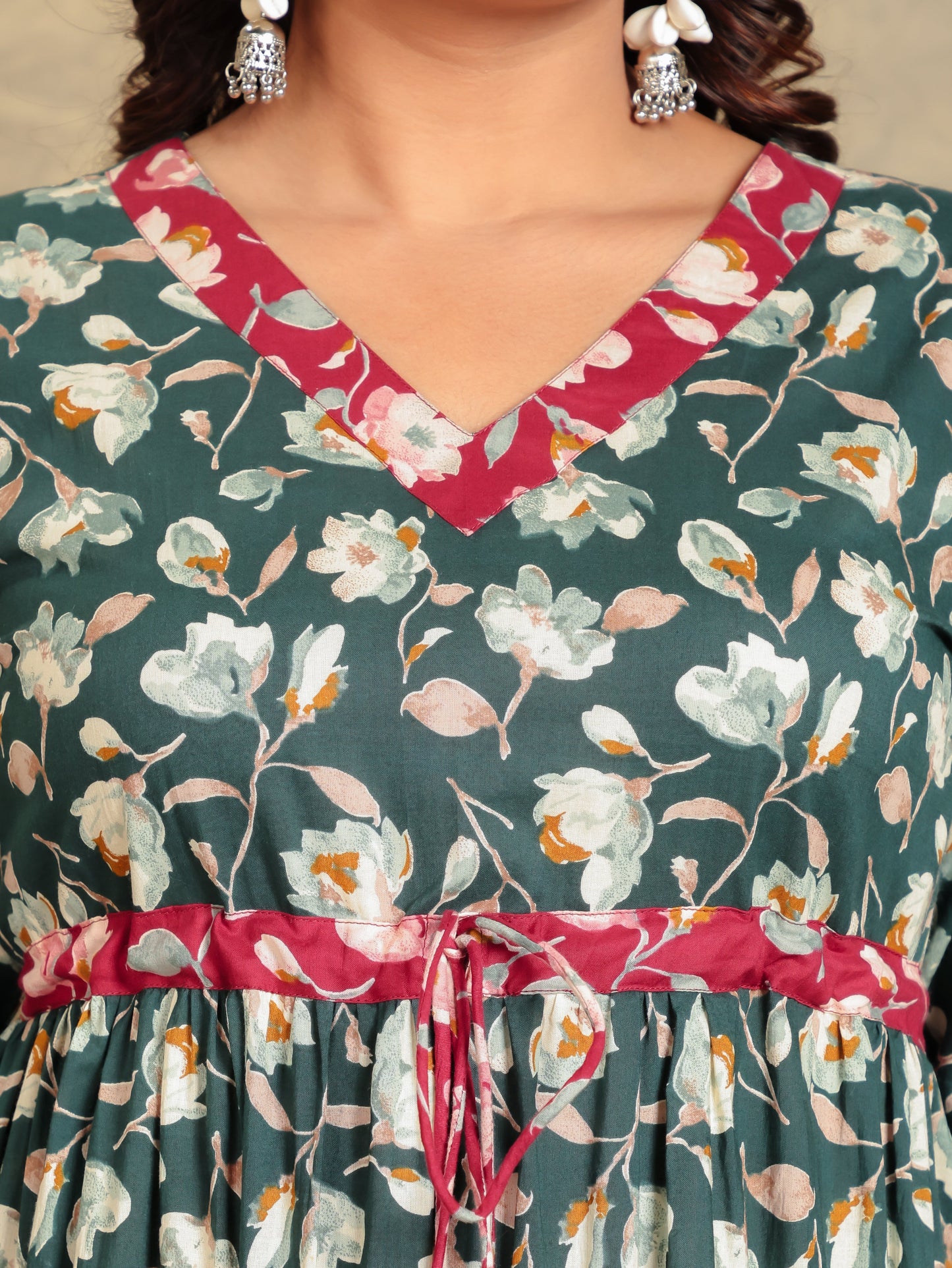 Soft Cotton Floral Flared Green Dress