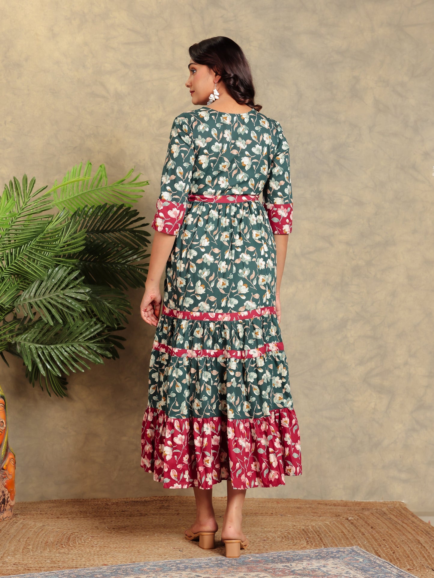 Soft Cotton Floral Flared Green Dress