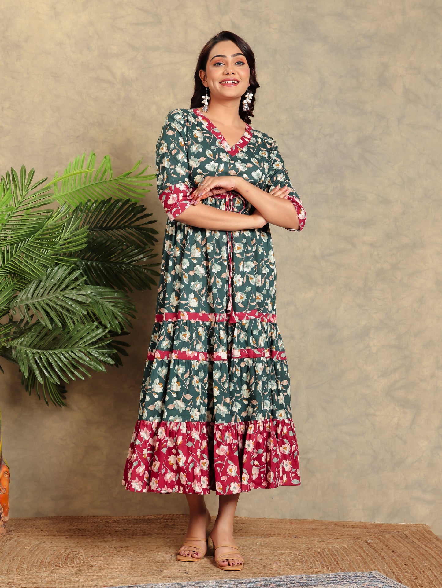 Soft Cotton Floral Flared Green Dress