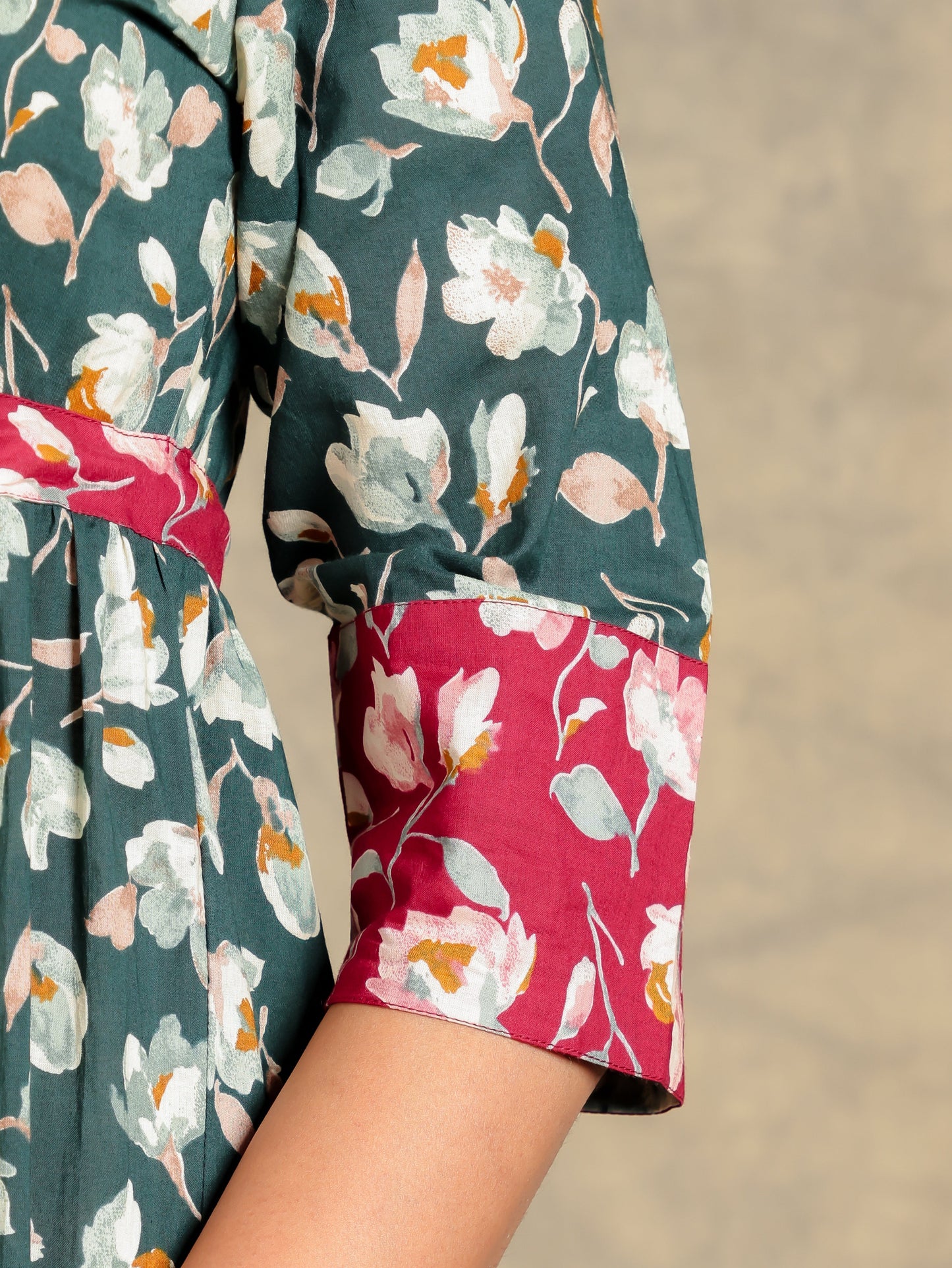 Soft Cotton Floral Flared Green Dress