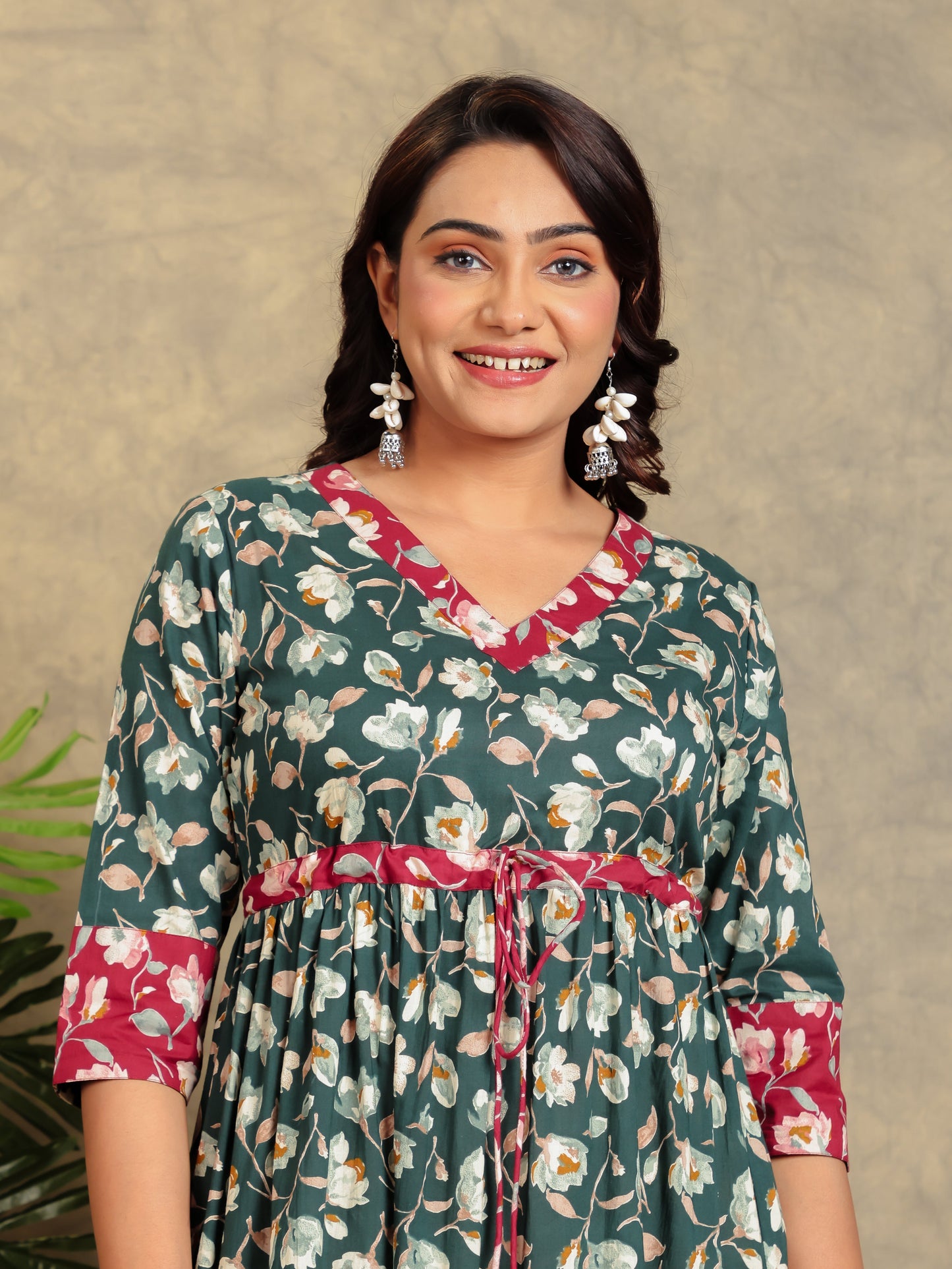 Soft Cotton Floral Flared Green Dress